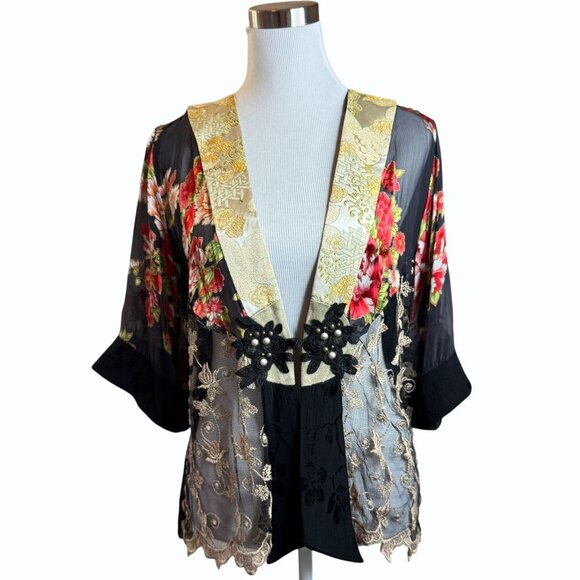Spencer Alexis Womens Lace Floral Silk Kimono Jacket Size M Oriental Toggle